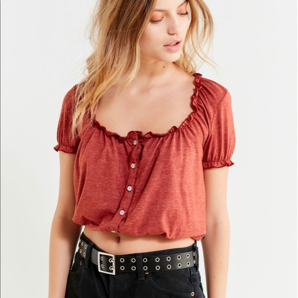 UO Truly Madly Deeply Button-Down Peasant Crop Top